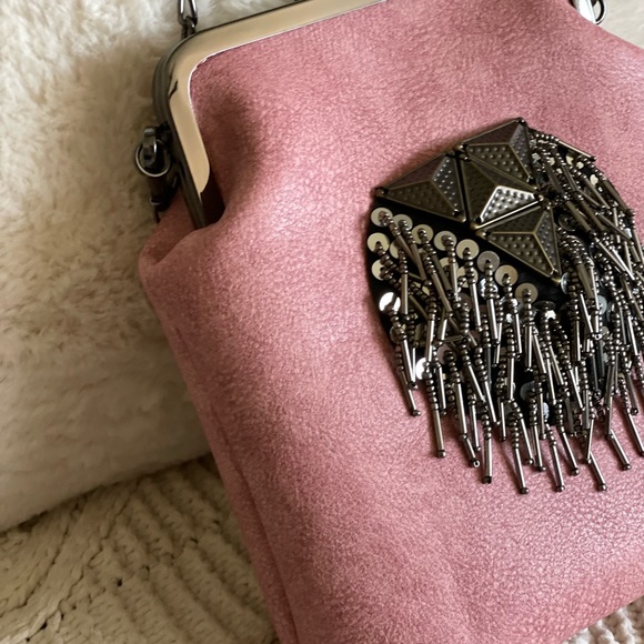 Stylish Blush Pink Crossbody Purse with Metal Tassel and Chain Strap - Small - Picture 6 of 7